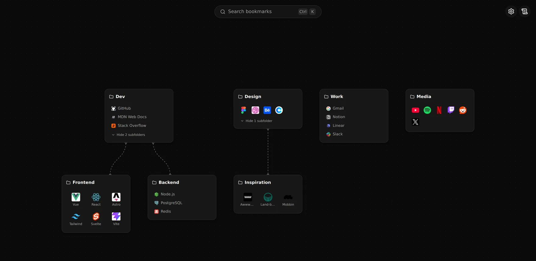 Bookmark Flow board with folder cards and connected subfolders on a dark canvas