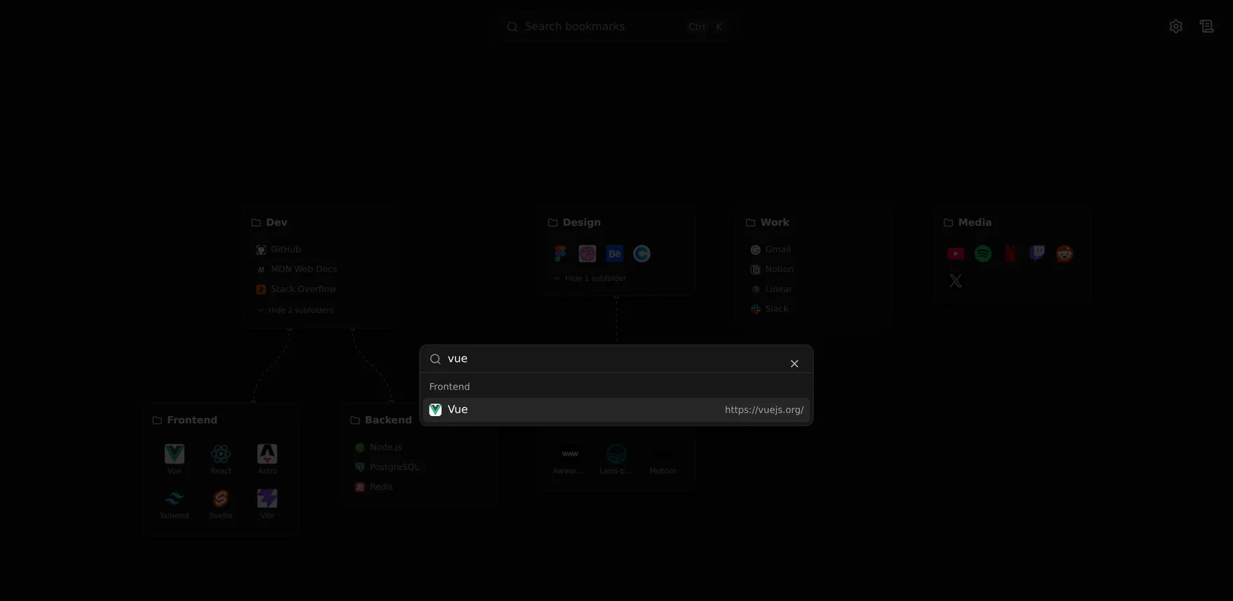 Bookmark Flow command palette searching bookmarks