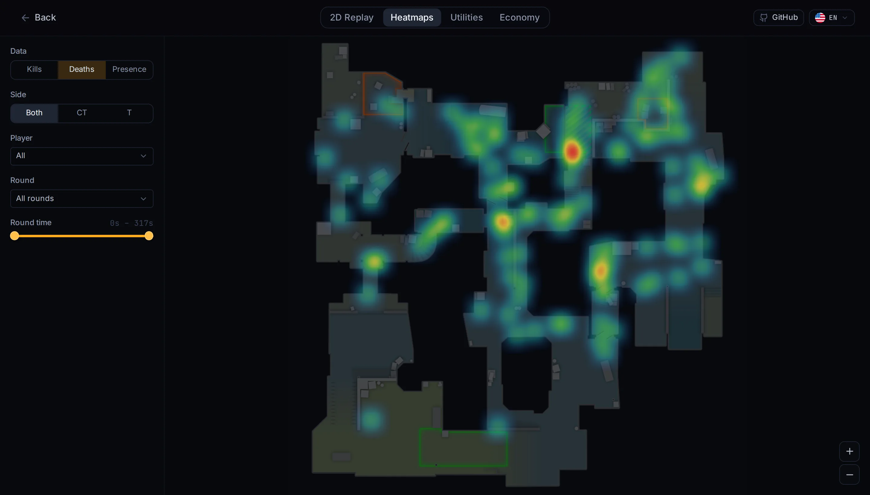 Death heatmap overlaid on the de_dust2 radar, filterable by side, player and round