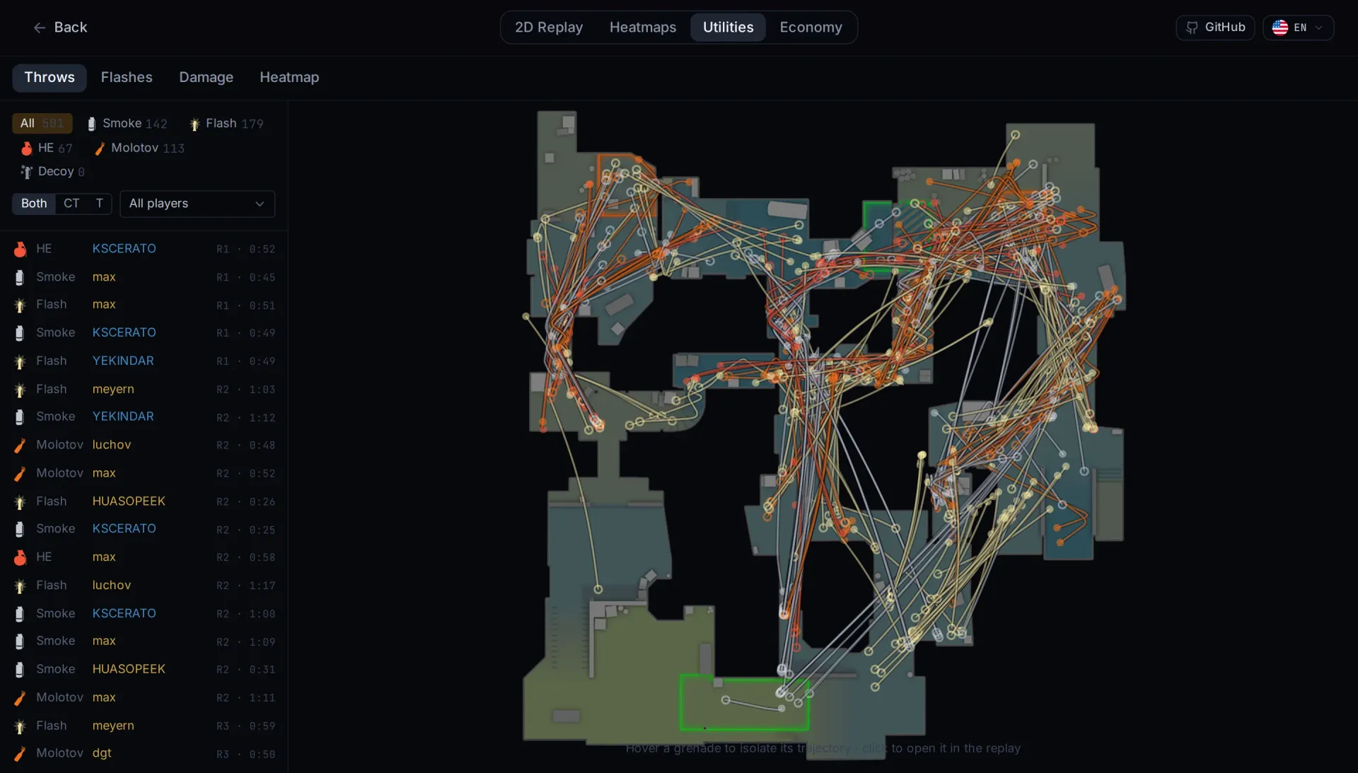 Grenade trajectories for smokes, molotovs, flashes and HEs drawn over the map
