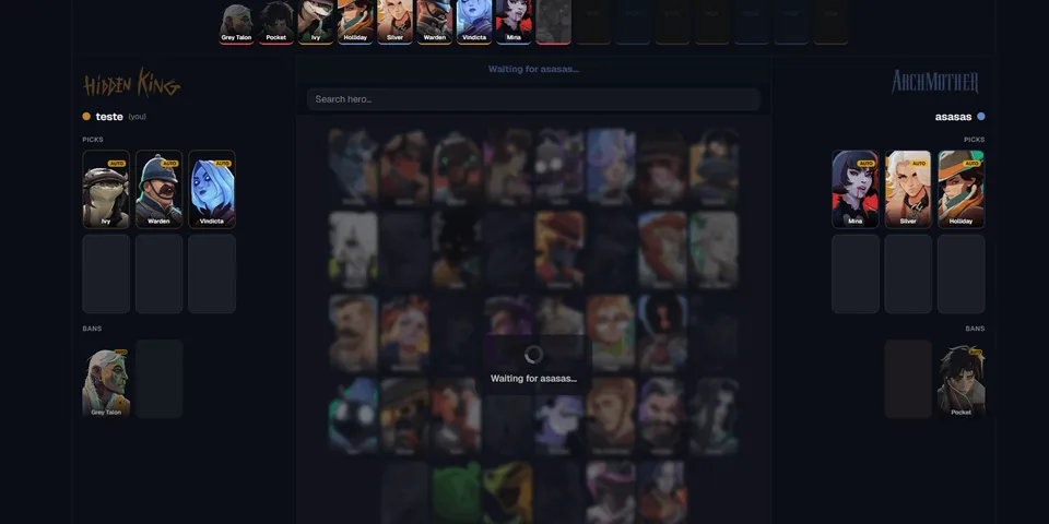 Pick/ban draft interface with two team panels, a central hero grid, and a waiting state while the opposing captain selects