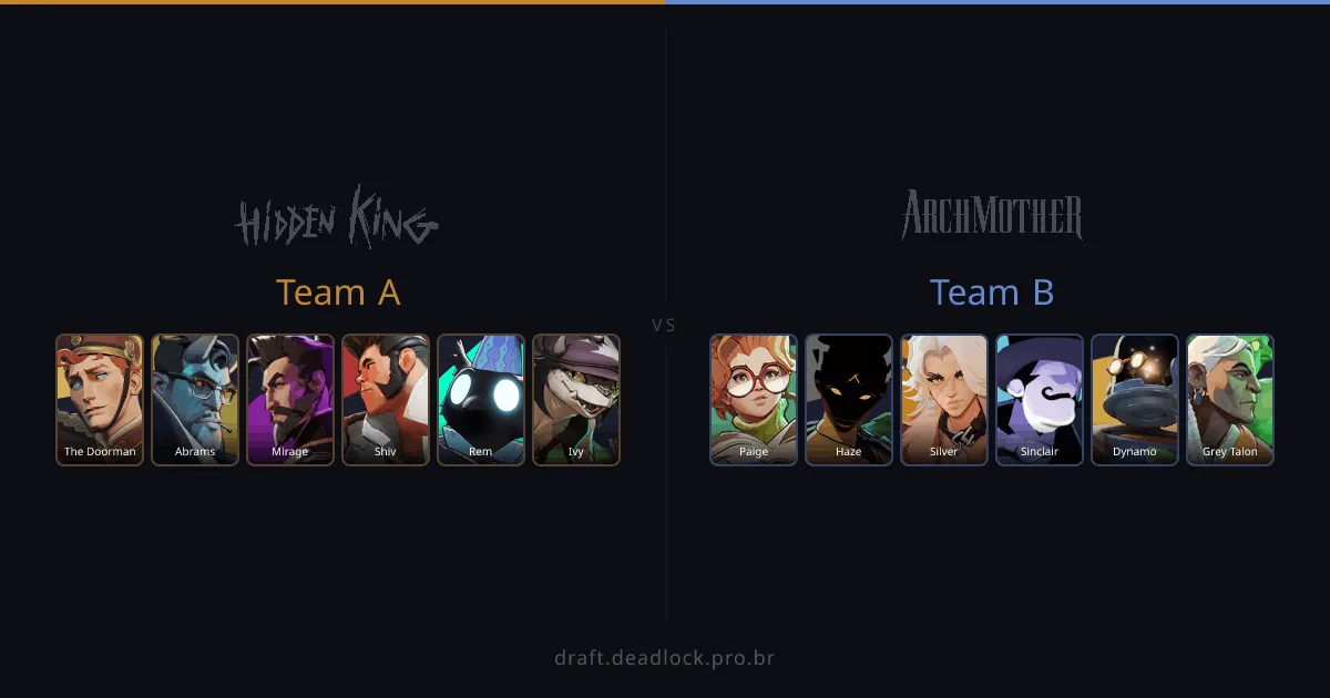Streamer overlay showing Team A versus Team B with both rosters of selected heroes side by side