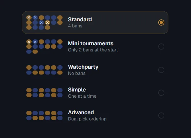 Draft format picker listing Standard, Mini tournaments, Watchparty, Simple, and Advanced presets with their pick/ban patterns