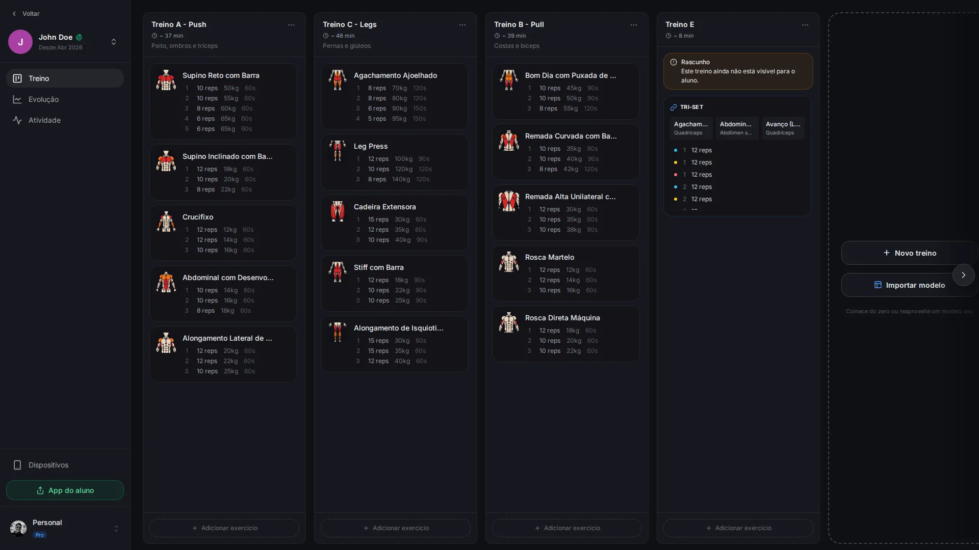 Trello-style workout board with draggable training-day columns, each holding exercise cards that show sets, reps, weight, and rest