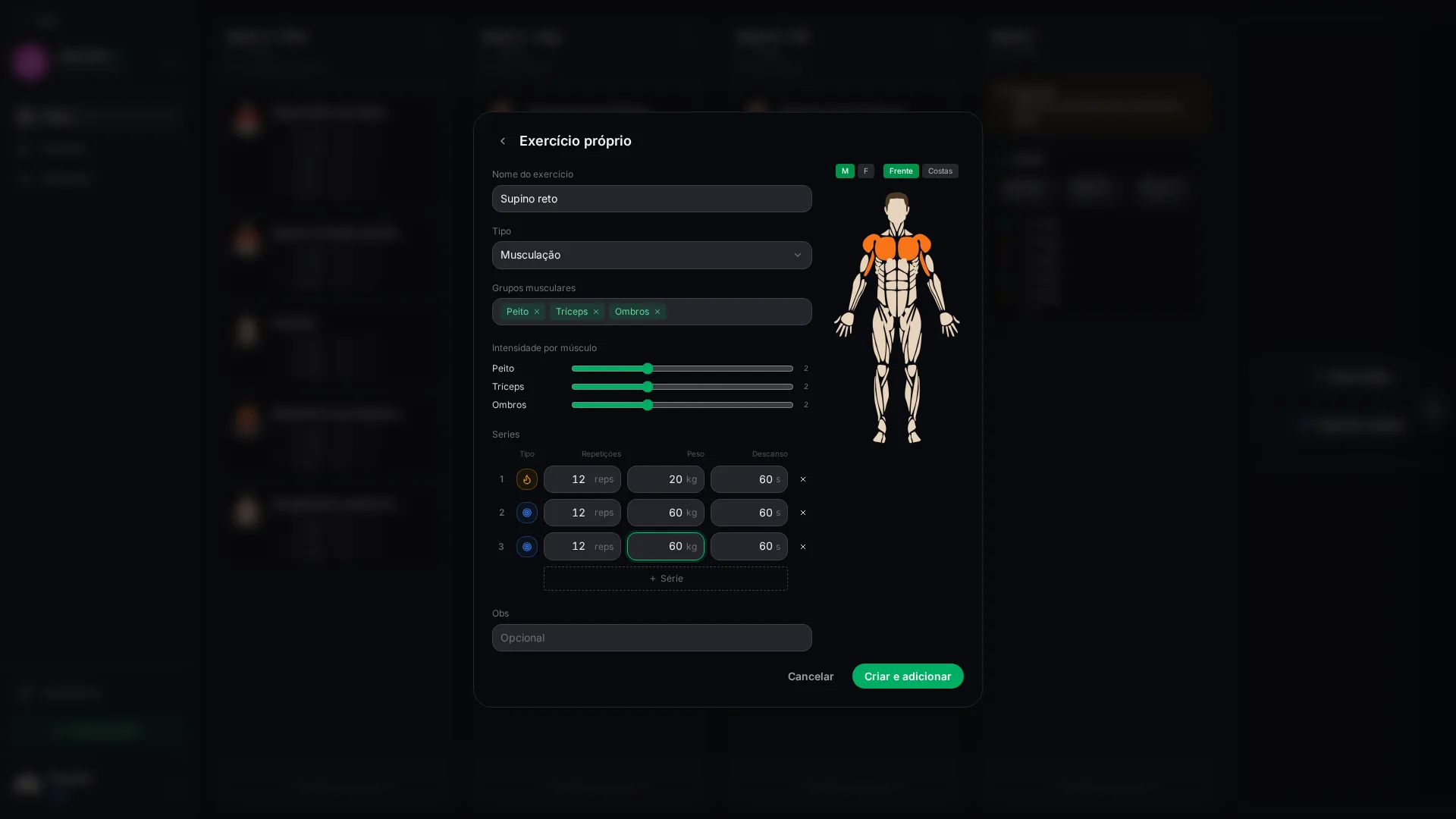 Custom exercise editor with an SVG muscle map highlighting chest and shoulders, intensity sliders per muscle, and a configurable set table
