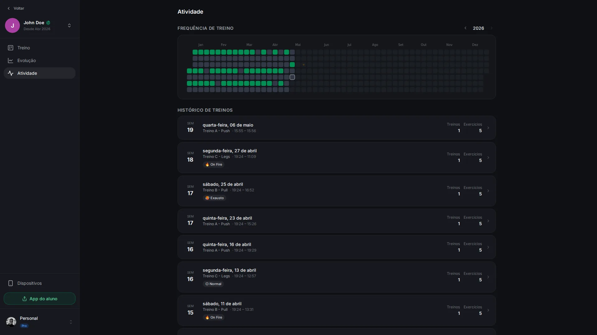 Training activity view with a year-long frequency heatmap and a list of recent workout sessions tagged with mood feedback